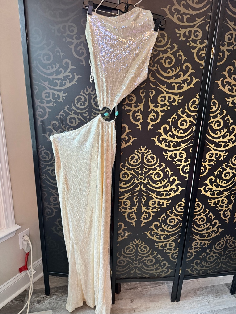 Fashion Nova Cream Sequin Cutout Maxi Dress